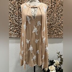 Honey Belle Tan w/White Embroidery, Cape Style Back, Sleeveless Mini Dress- M
